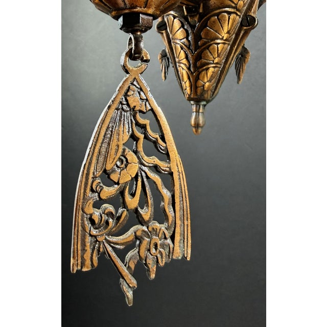 1930s Mid-West Mfg. Soleure Series Art Deco 5-Light Slip Shade Chandelier in Cast Bronze For Sale - Image 11 of 14
