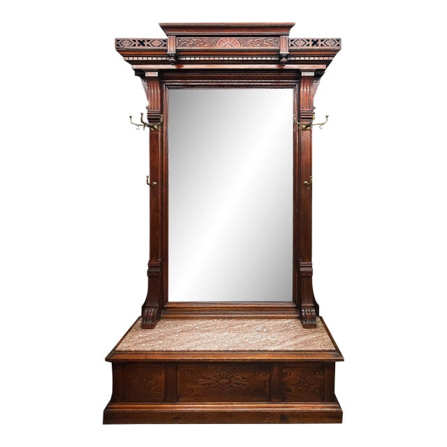 Antique Victorian Pier Hall Mirror Walnut Grand Size Mirror With Marble Top Bench For Sale