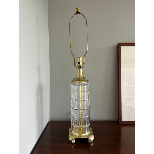 Waterford Crystal Vintage Dresden Hollywood Regency Crystal and Brass Column Table Lamp For Sale - Image 4 of 8