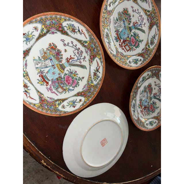 Set of Four 9” Rose Canton Vintage HandPainted Chinese Porcelain Plates - Millefleur, Floral For Sale - Image 4 of 7