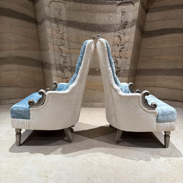 For your consideration, a pair of armchairs Hollywood Regency Period. Original unrestored. Tufted upholstery with light...