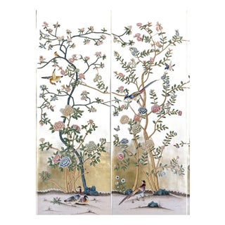 Gold Leaf Chinoiserie Hand-Painted Bird & Floral Wall Panels (Set of 2) For Sale