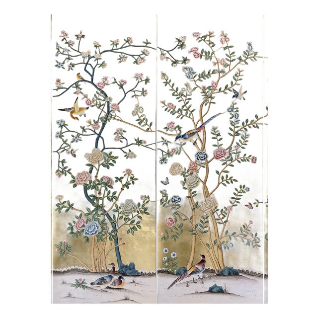 Gold Leaf Chinoiserie Hand-Painted Bird & Floral Wall Panels (Set of 2) For Sale
