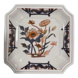 Vintage Chinoiserie Square Lotus Flower Decorative Ceramic Trinket Dish / Catchall