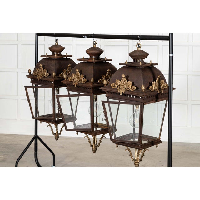 Circa late 20thc large french 19thc style bronze & iron lantern. X3 available w44 x d44 x h107 cm bottom section 19 cm...