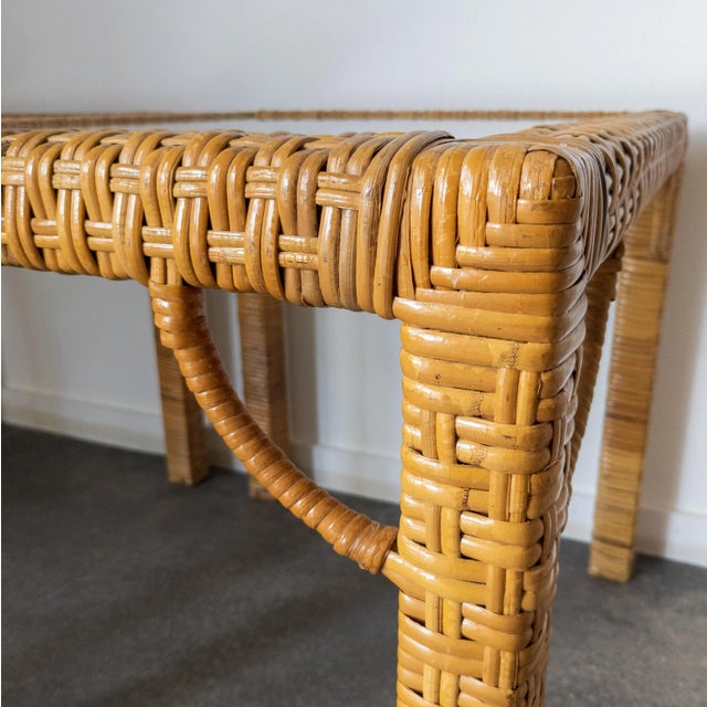 Wood 1970’s Cane Rattan Wrapped Rectangular Side Tables With Glass Top - a Pair For Sale - Image 7 of 11