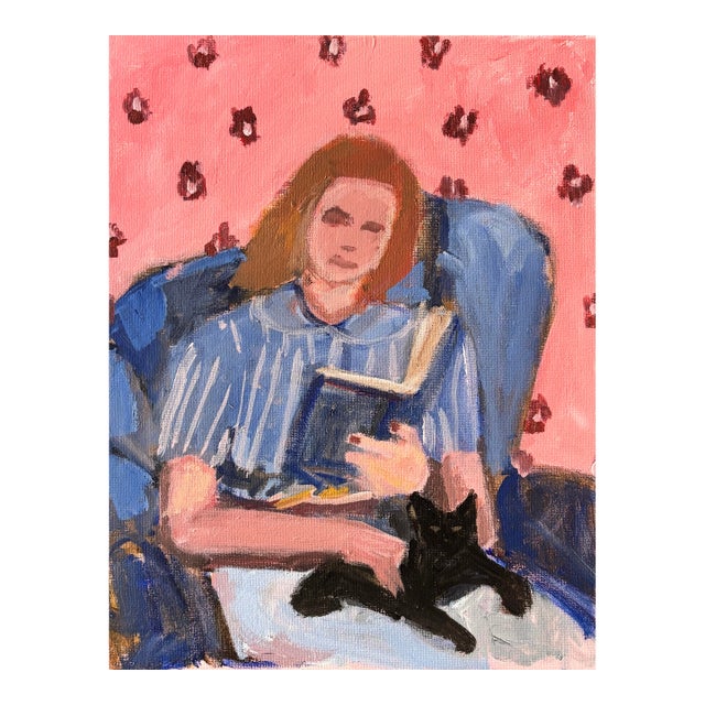 Woman With Her Book and Cat an Original Painting by Michelle Heimann. For Sale