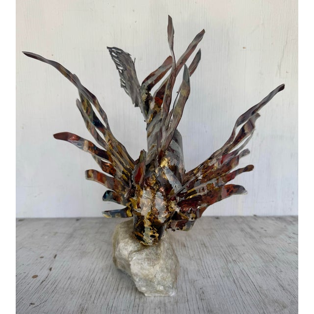 Vintage Modern Enamel on Copper Mounted on Quartz Base Tropical Lion Fish Sculpture For Sale In West Palm - Image 6 of 11