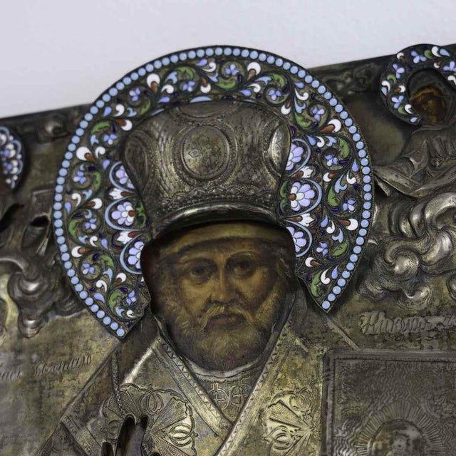 Icon of Saint Nicholas, 1865, Wood and Silver For Sale - Image 4 of 15