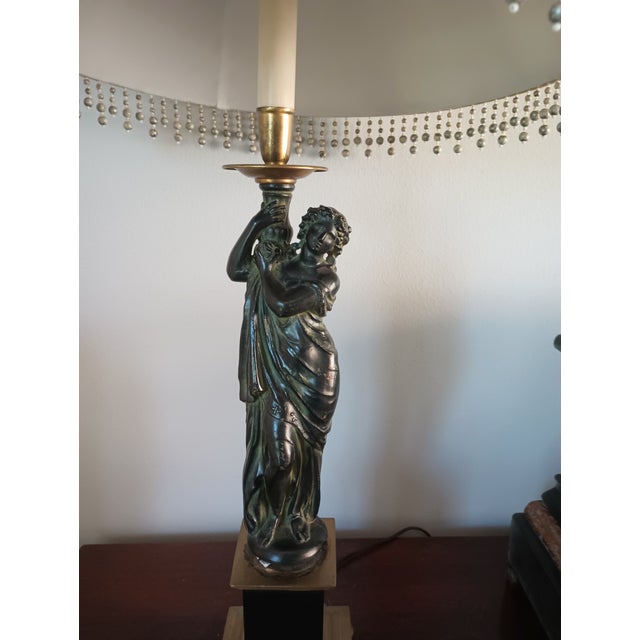 1940 Art Nouveau Bronze and Brass Figural Statue Table Lamp with Shade This 1940 Art Nouveau, French neo-classical style...