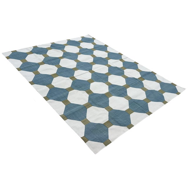 Teal Handmade Cotton Flat Weave Area Rug, Teal Blue, Cream and Olive Green Tile Dhurrie - 8'x10' For Sale - Image 8 of 13