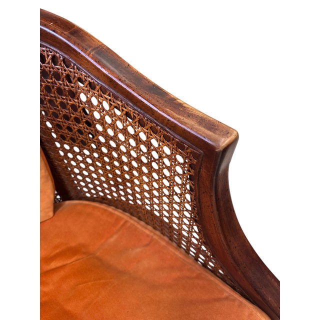 Pair of Mid-Century Caned Barrel Back Chairs With Persimmon Velvet Upholstery For Sale In New York - Image 6 of 11