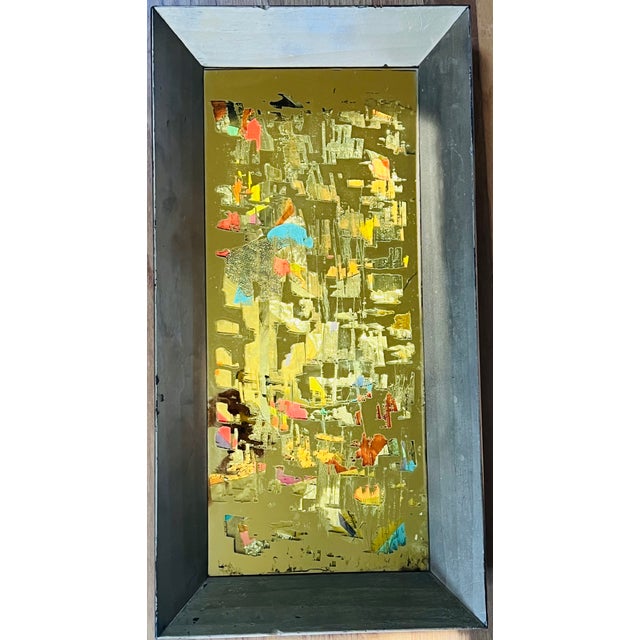 Vintage Brutalist Reverse Glass Mirror Art Signed Mixed Media MCM Jere Style 25" For Sale - Image 10 of 17