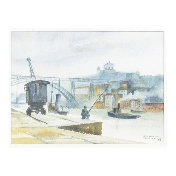 Arnaldo Figueiredo, Cais da Ribeira-Porto, Watercolor For Sale