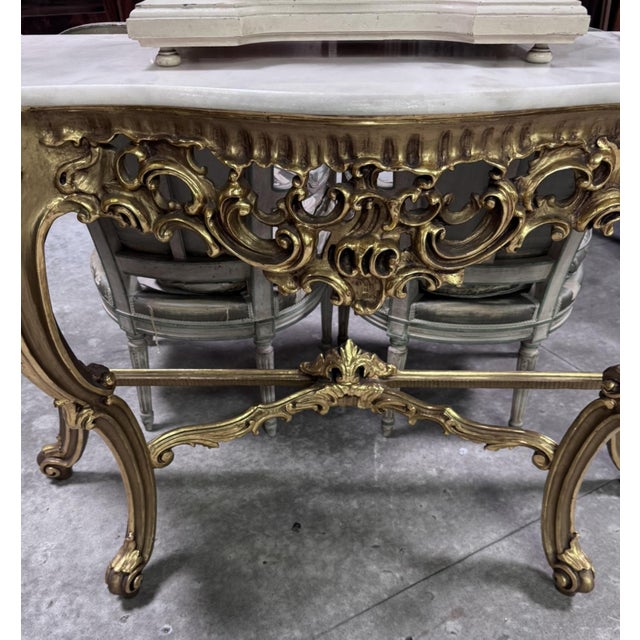 1940s Louis XV Rococo Style Carved Giltwood Console Table with Marble Top, 1940s For Sale - Image 5 of 6