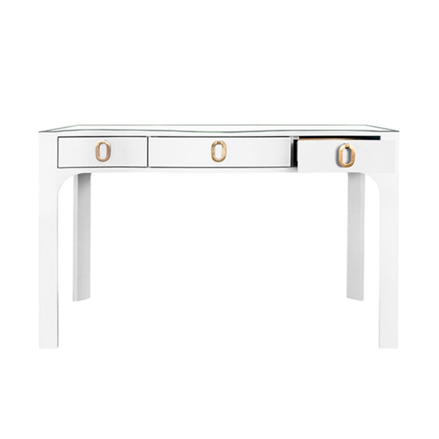Contemporary Matthew Izzo Home Gladys White Textured Linen Three Drawer Desk With Brass Hardware and Glass Top For Sale - Image 3 of 6