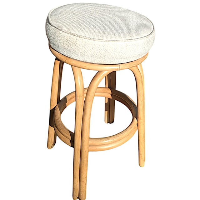 Wood Rattan Double Strand Arched Barstool With Ivory Upholstered Plush Seat, Pair For Sale - Image 7 of 12