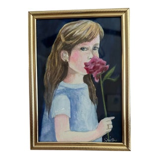 “Girl With the Pink Carnation” Framed Signed Original Watercolor Portrait by Nancy Smith For Sale