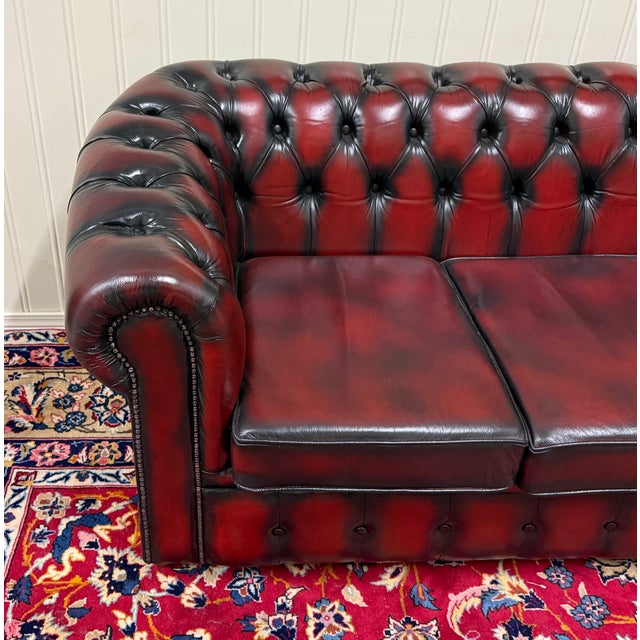 Vintage English Chesterfield Leather Tufted Sofa Oxblood Red Mid Century For Sale - Image 9 of 18