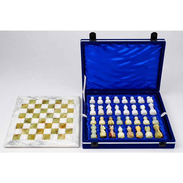 Stone Handcrafted Marble & Onyx Chess Set With Shiny Wooden Storage Box – 12" Luxury Stone Game Board For Sale - Image 7 of 8