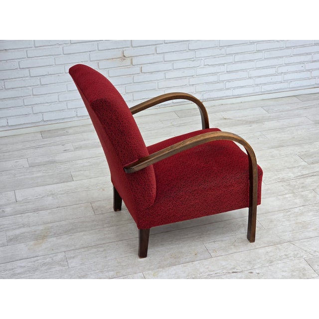 Red Art Deco Danish Armchair in Red Furniture Wool and Beech Wood, 1950s For Sale - Image 8 of 18