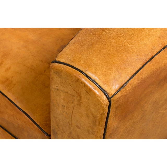 1920s French Art Deco Cognac Leather Club Sofa For Sale - Image 12 of 18