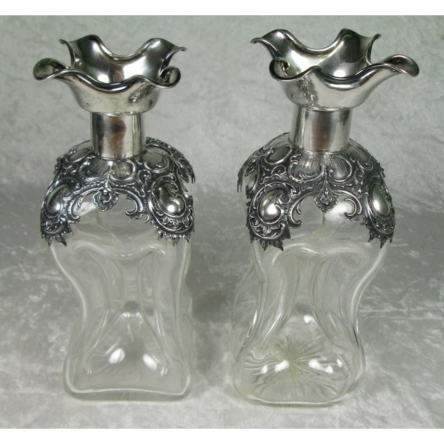 Antique Wilhelm Binder 800 Silver Overlay Pinched Glass Art Nouveau Decanters- Set of 2 For Sale - Image 4 of 12