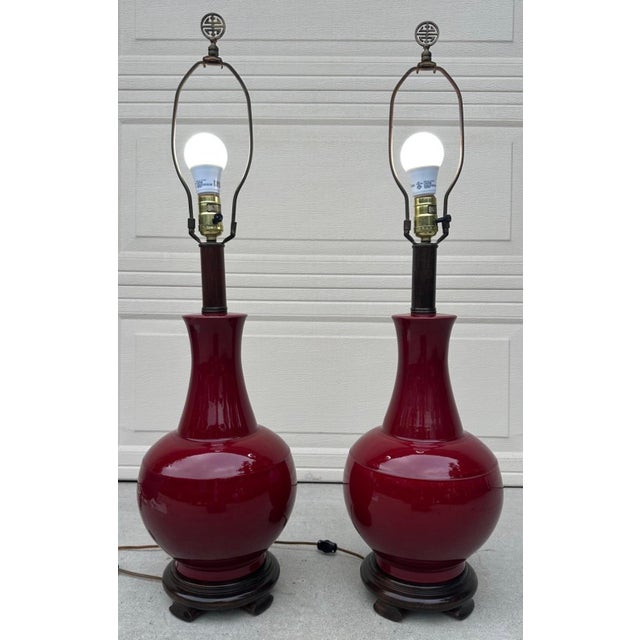 Pair of Vintage Chinese Oxblood Red Glazed Ceramic Table Lamps – 33.5" For Sale - Image 16 of 18