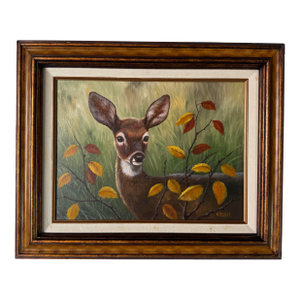 1980s Vintage Wildlife Deer With Autumn Leaves Landscape Acrylic Painting – Framed