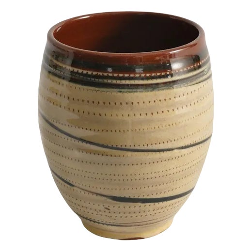 Hand-Painted Earthenware Vase with Creme and Black Graphic Decor, Sweden For Sale