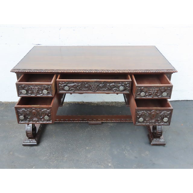 Late 1800s Victorian Large Heavy Hand Carved Cherub Partner Desk 6656 For Sale In Miami - Image 6 of 17