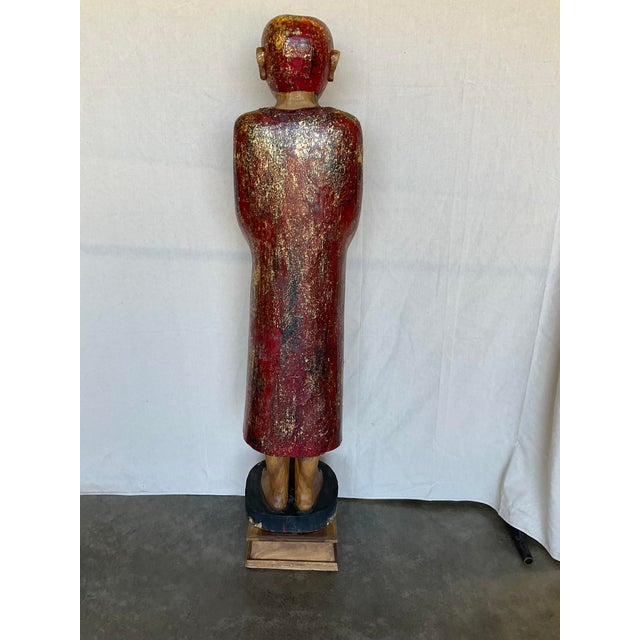 Vintage Buddha Buddhist Carved Wood Burmese Thai Monk Statue For Sale - Image 10 of 16