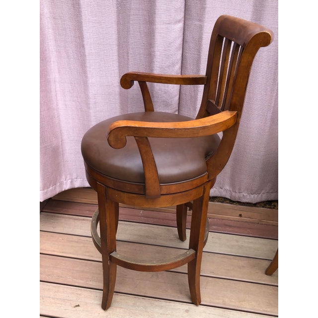 Contemporary Ethan Allen Brown Leather Topped Swivel Arm Counter Stools - Set of 3 For Sale - Image 3 of 7
