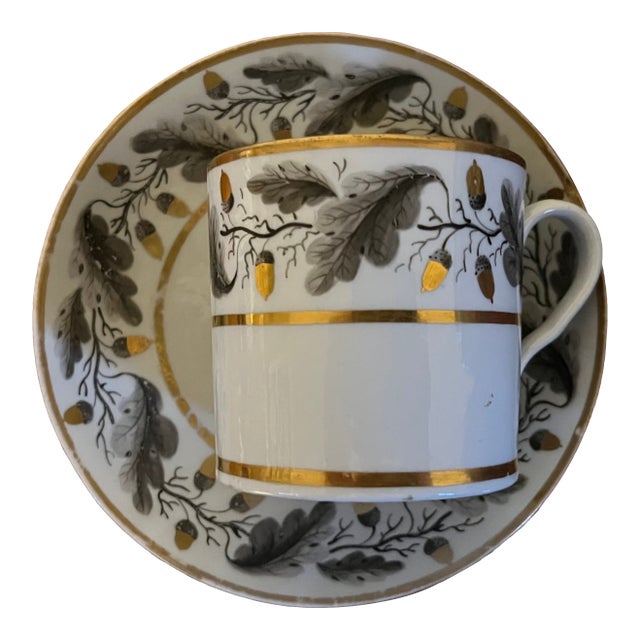 Antique 18th Century English George III Worcester Porcelain Coffee Can or Cup & Saucer Decorated With Oak Leaf Garland & Acorns For Sale