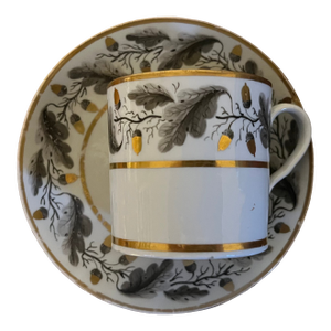 Antique 18th Century English George III Worcester Porcelain Coffee Can or Cup & Saucer Decorated With Oak Leaf Garland & Acorns