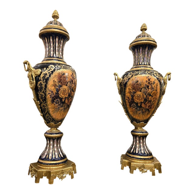 French Style Blue Porcelain Vase With Floral Bouquet Artwork, Gold Leaf & Bronze Accents For Sale
