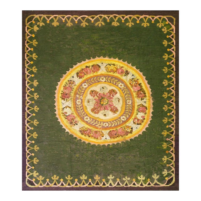 Early 19th Century Antique Green Color First Empire Floral Medallion Design French Aubusson Flatweave Rug Carpet For Sale