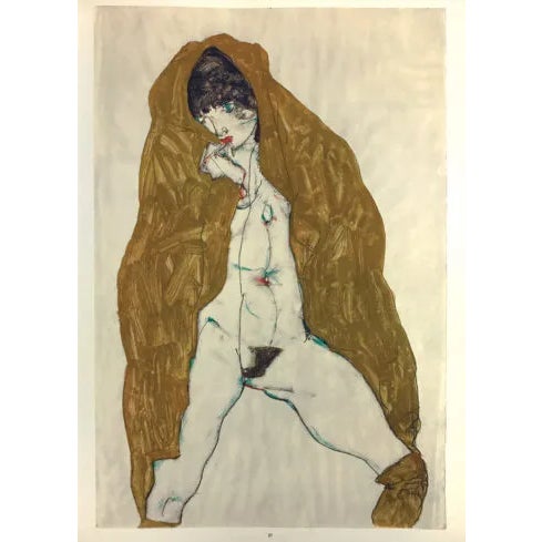 Artist:Egon Schiele Country:Austria Title:Female nude with yellow shawl Medium:Lithograph – 37 Marks:Signed in plate...