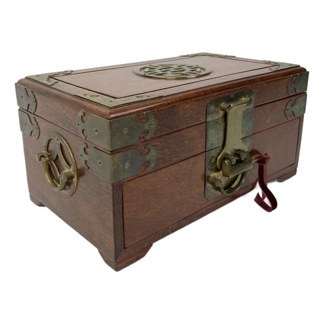Vintage Asian Wood and Brass Jewelry Box With Bar Lock For Sale