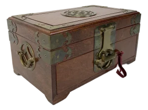 Vintage Asian Wood and Brass Jewelry Box With Traditional Bar Lock