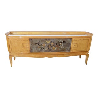 Mid-Century Sideboard with Central Motif Mirror Featuring and Glass Top, 1940s For Sale