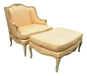 Mid 20th Century French Louis XV Style Wide Wingback Bergere Lounge Chair & Ottoman by Baker