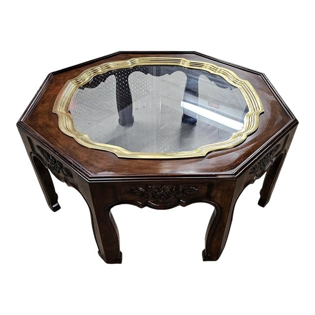 Mid 20th Century Octagonal Ethnographic Wood, Brass & Glass Cocktail Table For Sale