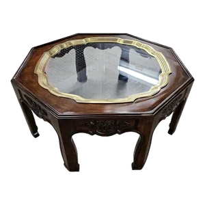 Mid 20th Century Octagonal Ethnographic Wood, Brass & Glass Cocktail Table