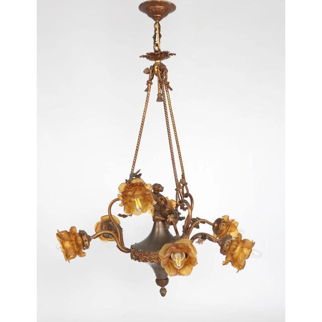Goldenrod Antique Art Nouveau Chandelier with Putto For Sale - Image 8 of 8