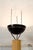 Halogen floor lamp with carved wooden frame, metal shade, and base. For Abitare il Tempo Designer Ugo La Pietra...