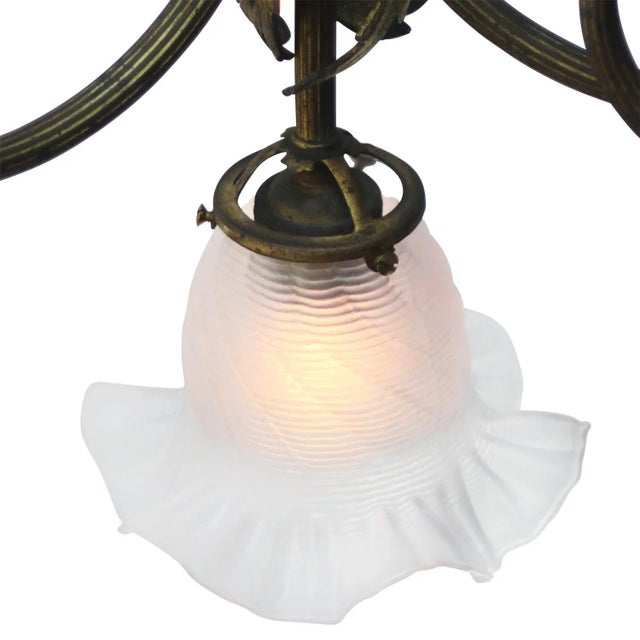 Art Nouveau Brass and Satin Glasses Five Bulb Holder Chandelier For Sale - Image 5 of 9