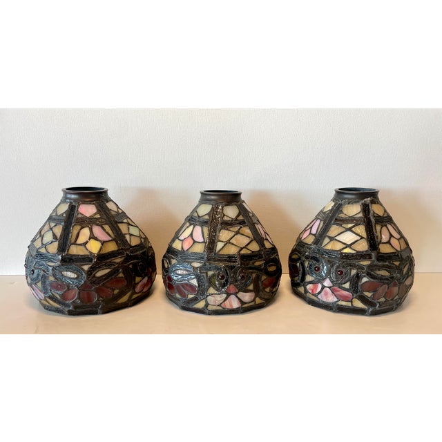 Vintage Tiffany Style Leaded Glass Stained Glass Shades for Pendant / Chandelier - Set of 3 For Sale - Image 11 of 12