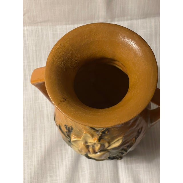 Brown Vintage Roseville Double Handle Vase 3d Magnolia Brown White Green Pink #90-7" For Sale - Image 8 of 10