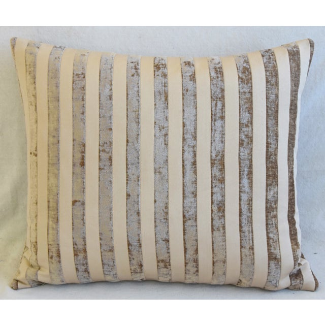 Reversible/double-sided custom-tailored pillow in French ultra-soft blended cotton velvet striped fabric in a tan/fawn,...